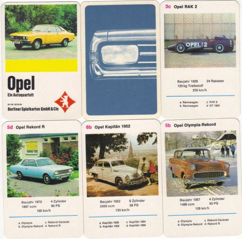 Das Opel-Quartett von Berliner Spielkarten zeigt den Opel Manta A sowie Opel Rekord, Opel Commodore GS/E, Opel RAK 2 und viele andere Opel-Klassiker mit dem Blitz aus Rüsselsheim. 