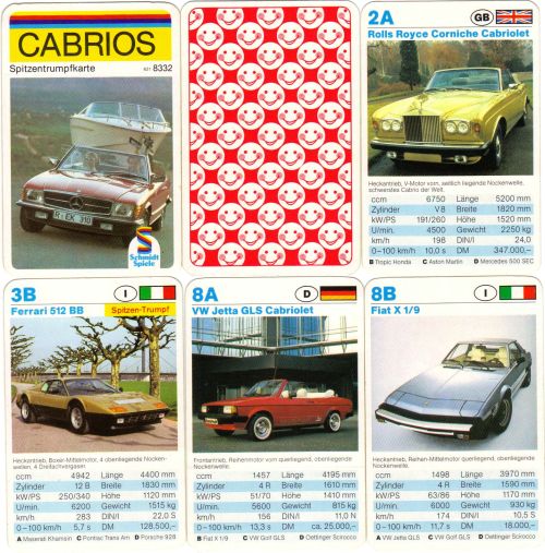Das Autoquartett von Schmidt Spiele mit der Nummer 6318332 enthält Cabrios, Sportwagen und Coupés, Rückseite mit Smileys
