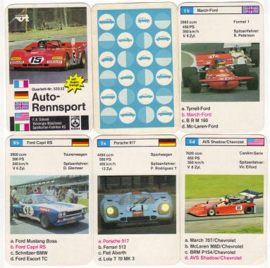 Diese rare Sammlervariante des Autoquartetts Auto-Rennsport von 1972 zeigt den Ferrari 312 B, Jackie Stewarts Tyrrell, den Porsche 917 und den Ford Capri RS sowie Formel Super V.