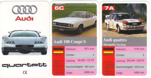 Das Audi-Autoquartett mit dem Avus quattro ist von FX Schmid München und enthält Urquattro, Walter Röhrl Rallye-Quattro, IMSA Quattro, Audi 100 Coupé, AutoUnion, DKW