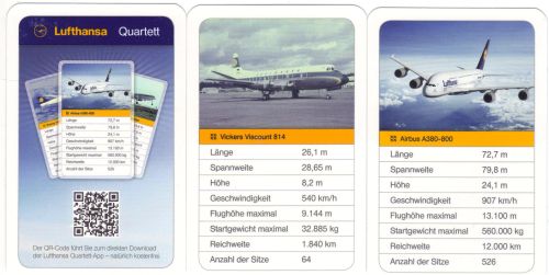 Das Lufthansa-Quartett ist Werbe-Flugzeugquartett mit Airbus A380-800, Boeing 747-400, Junkers Ju 52, Super Constellation und Douglas DC10 und hat einen QR-Code zum Download der Lufthansa Quartett-App.