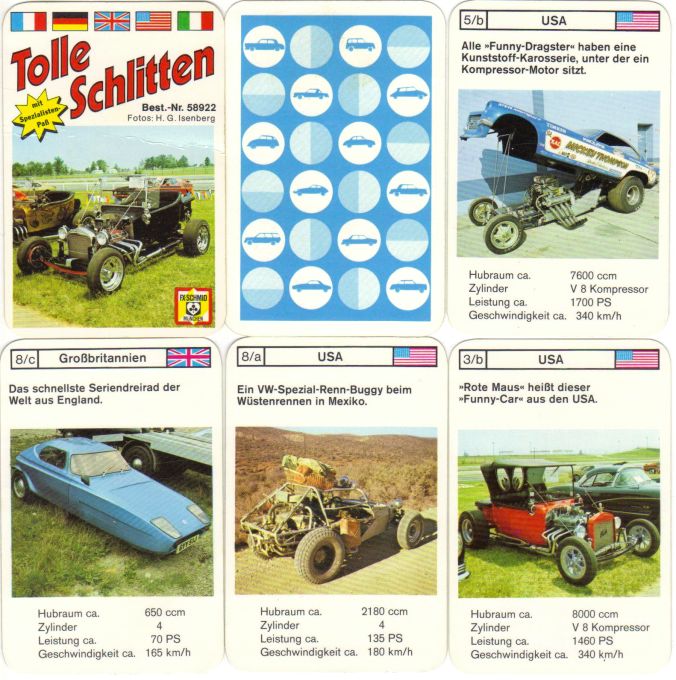 Das Spiel "Tolle Schlitten" von FX Schmid München, Nr. 58922, ist ein Autoquartett mit Hotrods, Dragstern, Funny-Cars, Dune-Buggies, Custom-Cars und anderen Umbauten mit V8-Kompressor Motor.