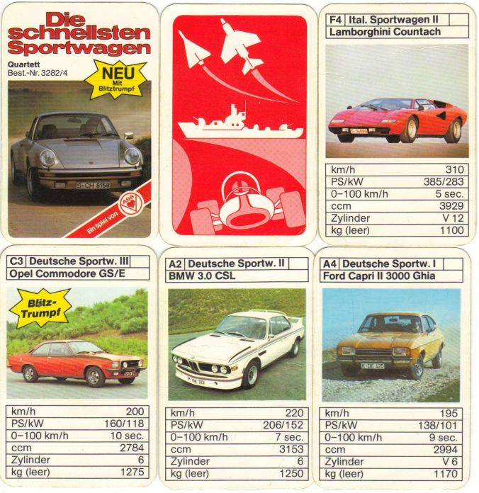 Das ASS-Quartett "Die schnellsten Sportwagen", Nr. 3282/4 ist "Neu mit Blitztrumpf", hat den silbernen Porsche Turbo auf dem Titel sowie Lamborghi Countach, Opel Commodore GSE und BMW 3.0 CSL – ein schönes altes Autoquartett für Sammler
