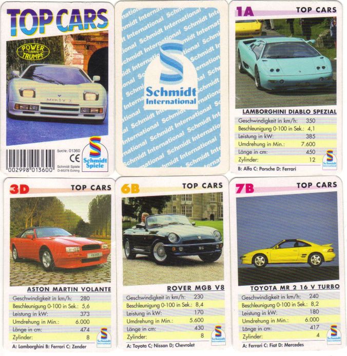 Das Autoquartett von Schmidt Spiele Eching in der Musikcassetten-Box namens Top Cars hat die Nr. 01360 und den Zender Prototyp auf dem Titel.