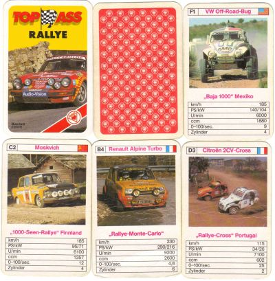 Das Top-Ass Rallye-Autoquartett enthält Porsche 911, Lancia Stratos, Renault Alpine Turbo, Baja 1000 Mexico-Käfer, sogar einen Moskvich Rallye.