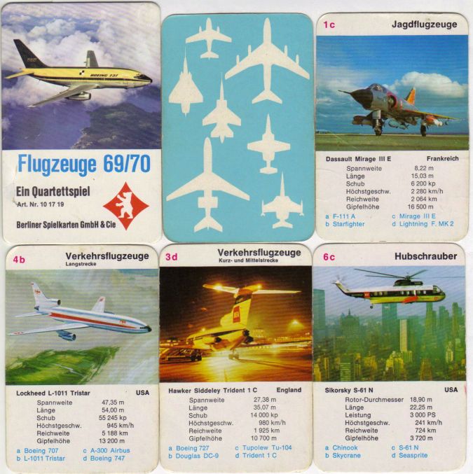 Das Berliner Spielkarten Quartett Flugzeuge 69/70 ist ein historisches Flugzeugquartett in der Hochbox mit Lockheed Tristar, Boeing 737 und 747, Starfighter, Mirage und Sikorsky Hubschrauber.