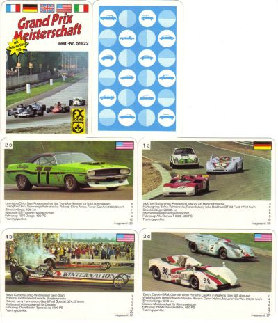 Das Renn-Autoquartett Grand Prix Meisterschaft von FX Schmid München Nr. 51822 zeigt den Grand Prix von Italien mit Ronnie Peterson und Jackie Ickx sowie CanAm, TransAm, Interserie und Dragsterrennen.