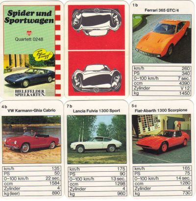 Das seltene Autoquartett der Bielefelder Spielkarten mit Nr. 0248 „Spider und Sportwagen“ enthält Maseratie Ghibli, Ferrari 365 GTC und GTB, Karman Ghia, Lancia Fulvia und Jaguar E V12.