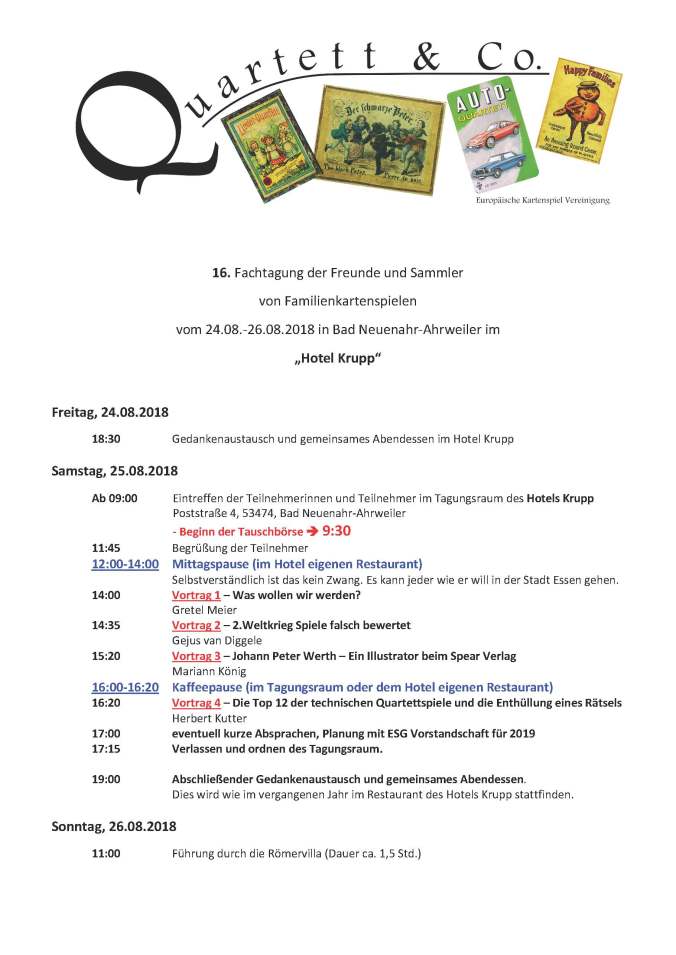 Das Programm der 16. Fachtagung der Freunde und Sammler von Quartetten und Familienkartenspielen in Bad Neuenahr-Ahrweiler