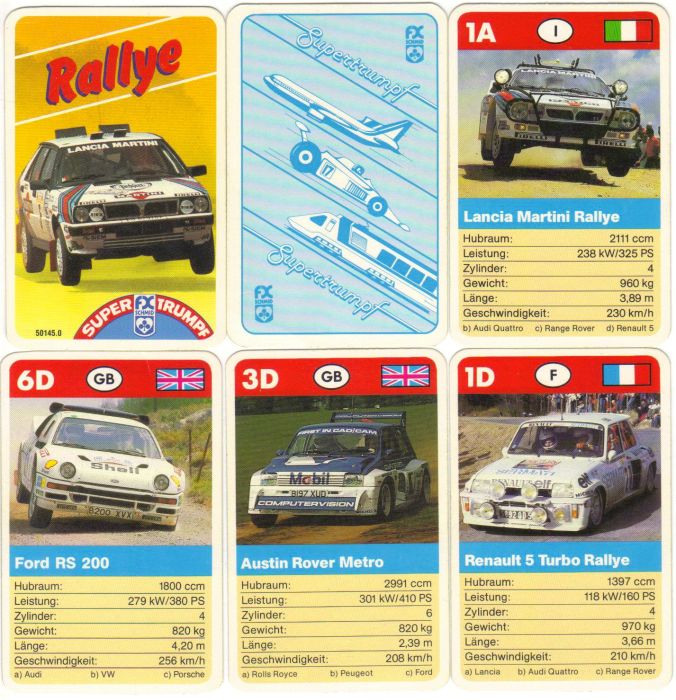 Das Rallye-Autoquartett von FX Schmid mit Nr. 50145-0 im Skatformat enthält Martini-Lancia Delta HF sowie Ford RS 200, Renault 5 Turbo und andere Gruppe-5-Rallyeboliden
