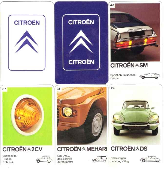 Das Citroen-Quartett mit jeweils 6 Karten pro Automodell enthält Citroën CX, DS, Mehari, Citroën-Maserati SM, 2CV und GS mit Lupen-Tachometer. 