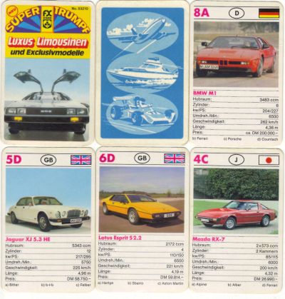 Das FX Schmid Supertrumpf-Quartett Nr. 53210 Luxus-Limousinen und Exklusivmodelle hat den DeLorean auf dem Titelblatt sowie BMW M1 Procar, Lotus Esprit und Mazda RX-7 Wankel bei den Spielkarten.