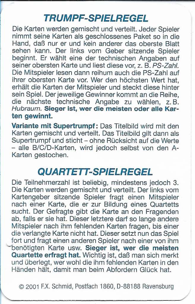 Spielregel-Rückseite des letzten FX Schmid Quartettes mit Druckdatum 2001
