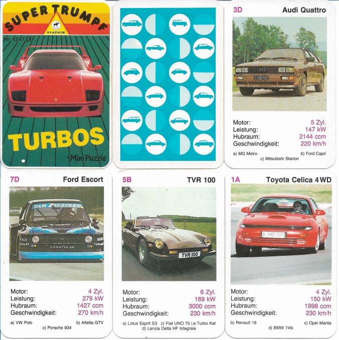 Deckblatt und Karten vom Piatnik-Autoquartett Turbos, Nr. 4247