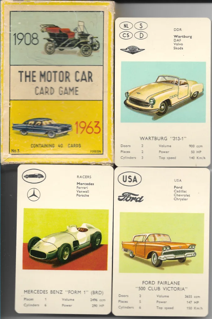 Schachtel und Spielkarten des Foreign Motor Car Card Game aus Großbritannien